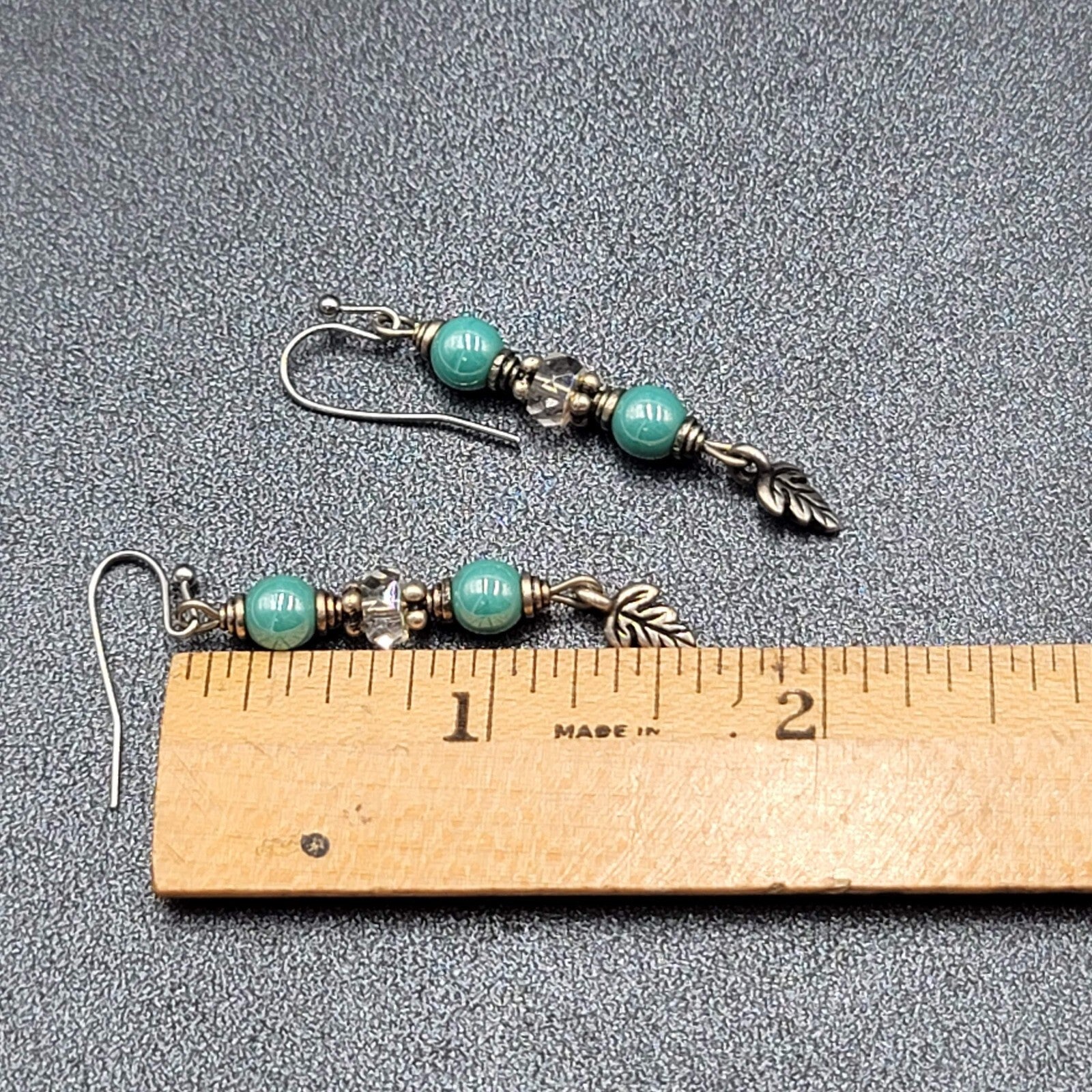 Pierced Earrings Silver tone Blue Bead Leaf Charm Dangle 1.5"