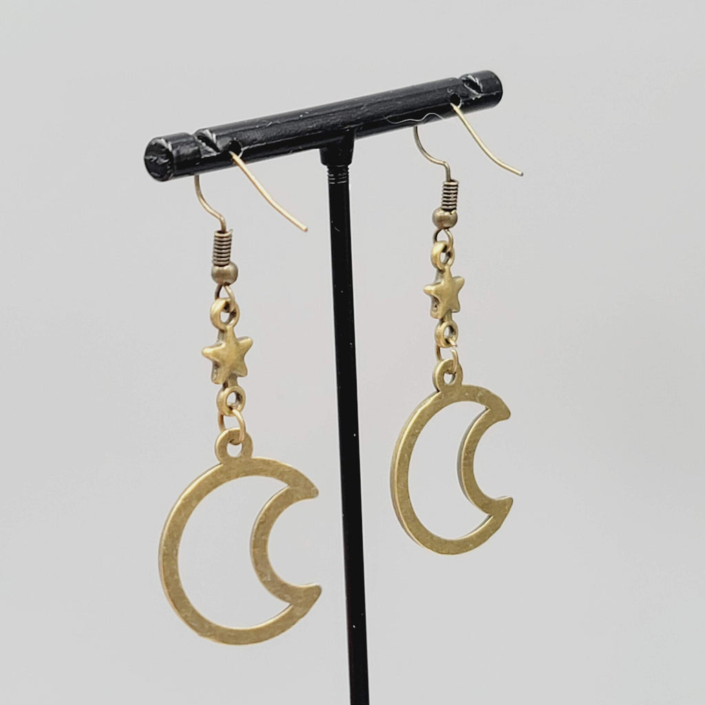 Star and Moon Pierced Earrings Bronze tone Dangle 1.5" New