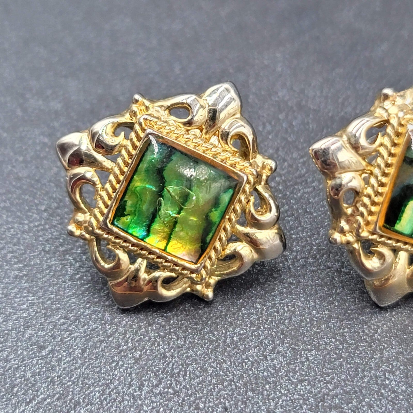 Vintage Pierced Earrings Gold tone Ornate Square Faux Abalone Stud 7/8"