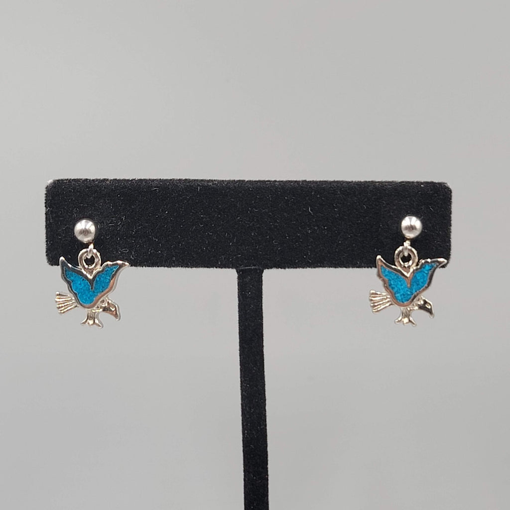 Vintage Eagle Pierced Earrings Turquoise Chip Inlay Silver tone Dangle 3/4"