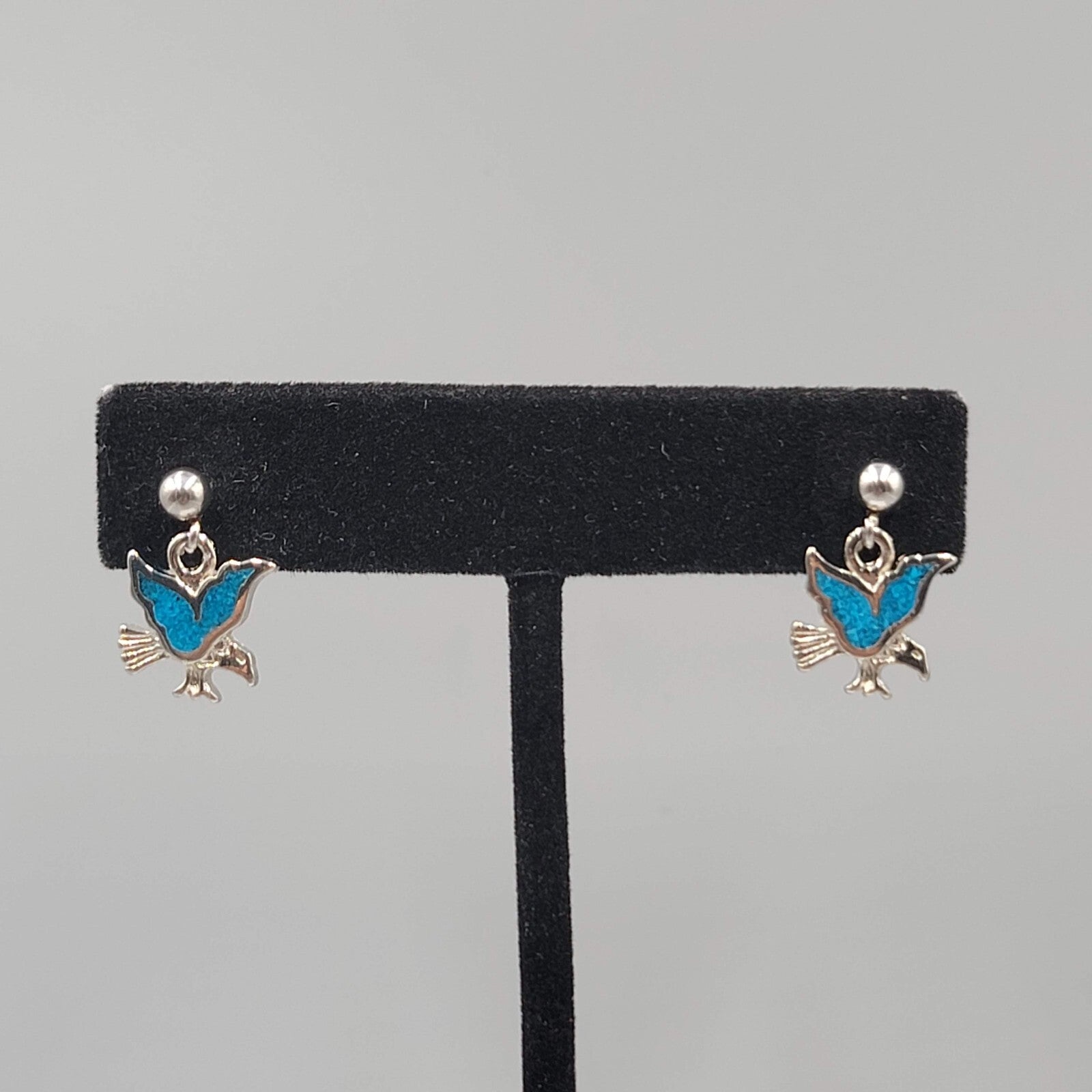 Vintage Eagle Pierced Earrings Turquoise Chip Inlay Silver tone Dangle 3/4"