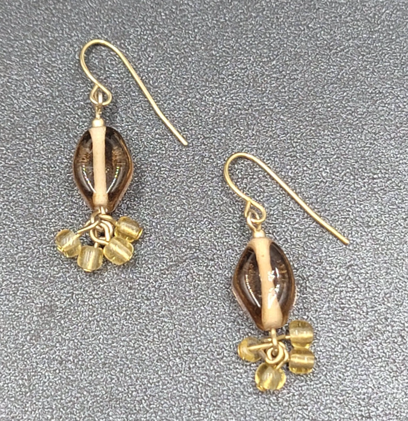 Pierced Earrings Gold tone Amber Color Glass Beads Dangle 1"