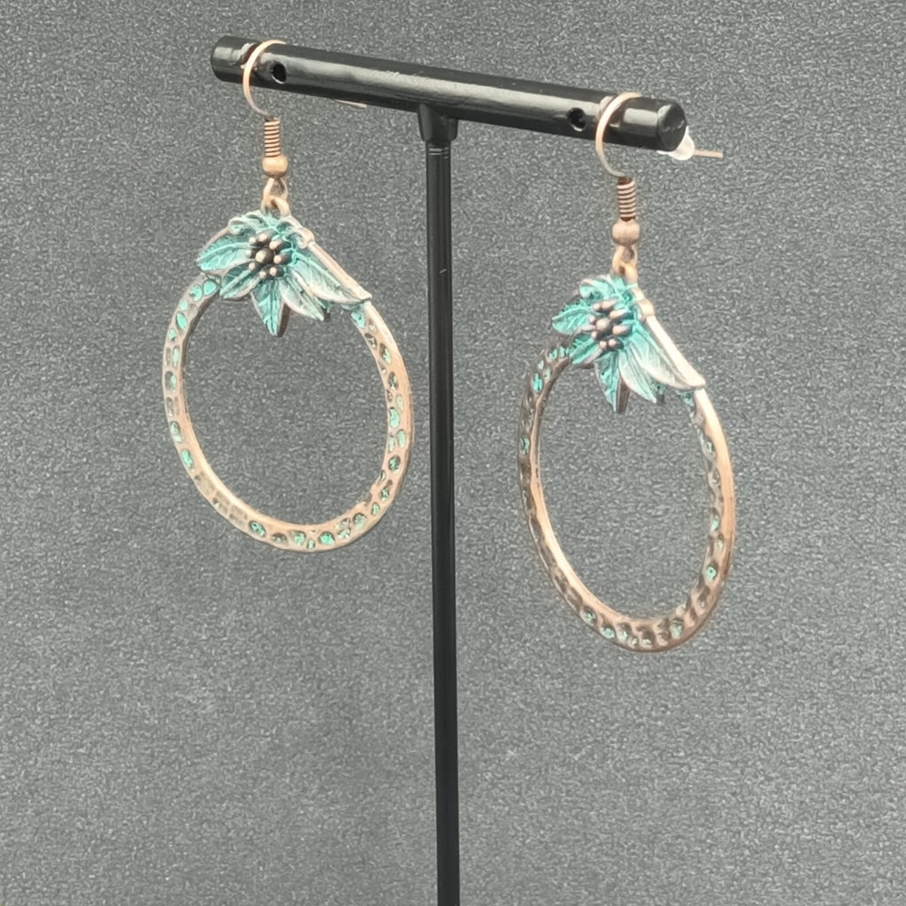 Pierced Earrings Copper tone Green Enamel Flower Open Disc Dangle Boho 1 5/8"
