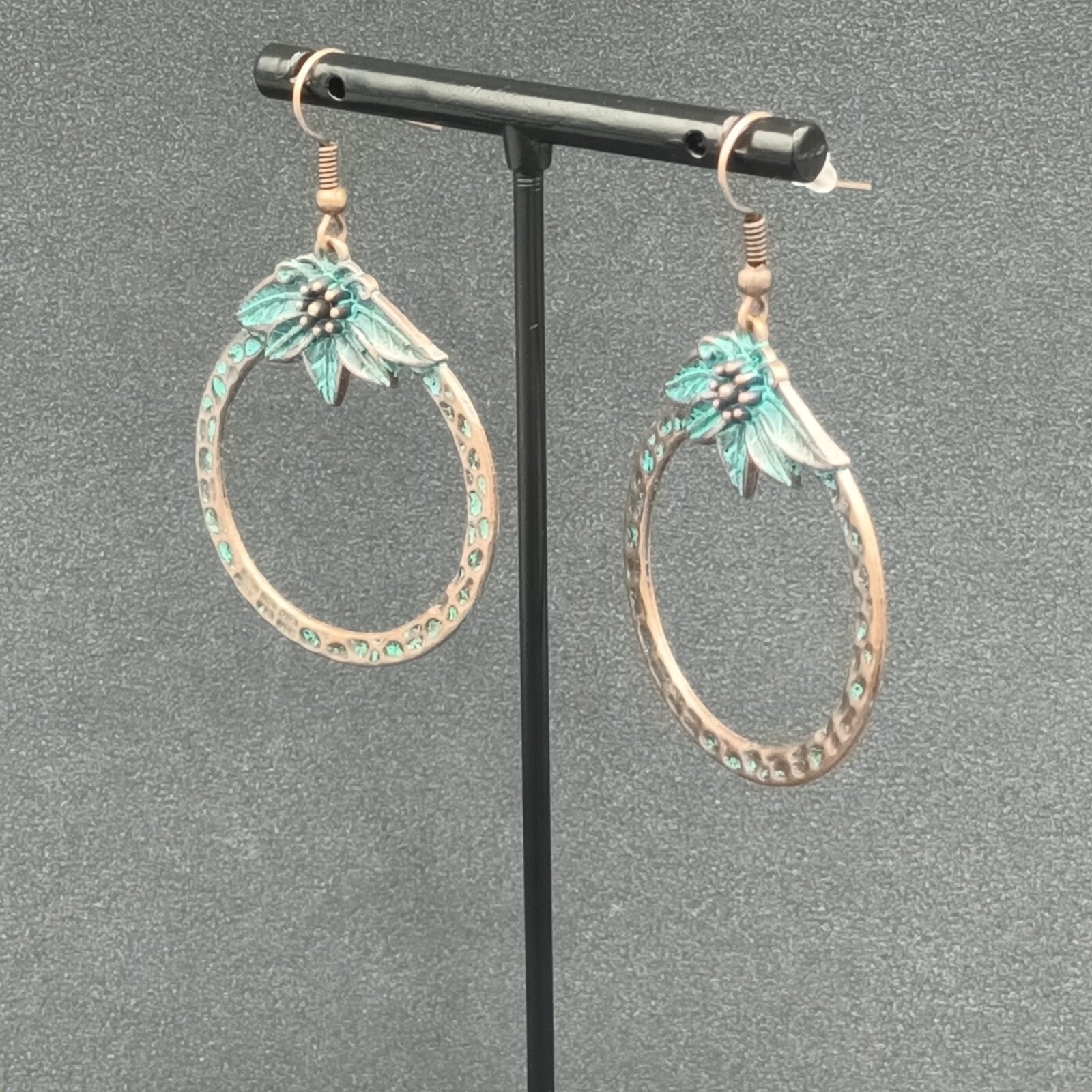 Pierced Earrings Copper tone Green Enamel Flower Open Disc Dangle Boho 1 5/8"