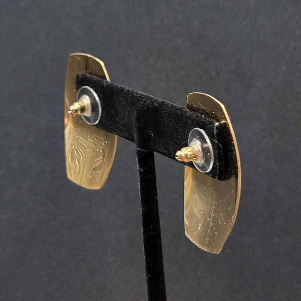 Vintage Pierced Earrings Peach Tan Gray Enamel Rectangle Drop 1 3/8"