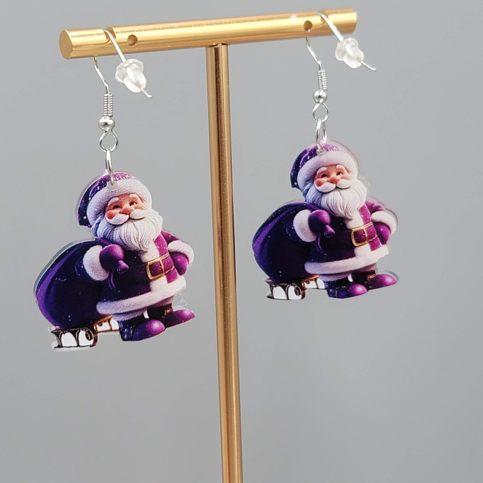 Christmas Santa Purple Bag Pierced Earrings Silver tone Dangle 1.25 in