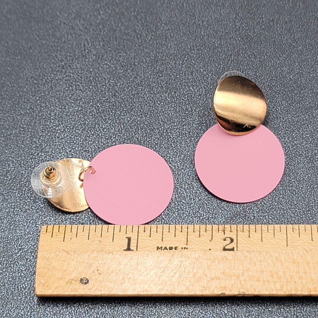 Pierced Earrings Mauve Pink Enamel Gold tone Double Discs Dangle 1 3/8"