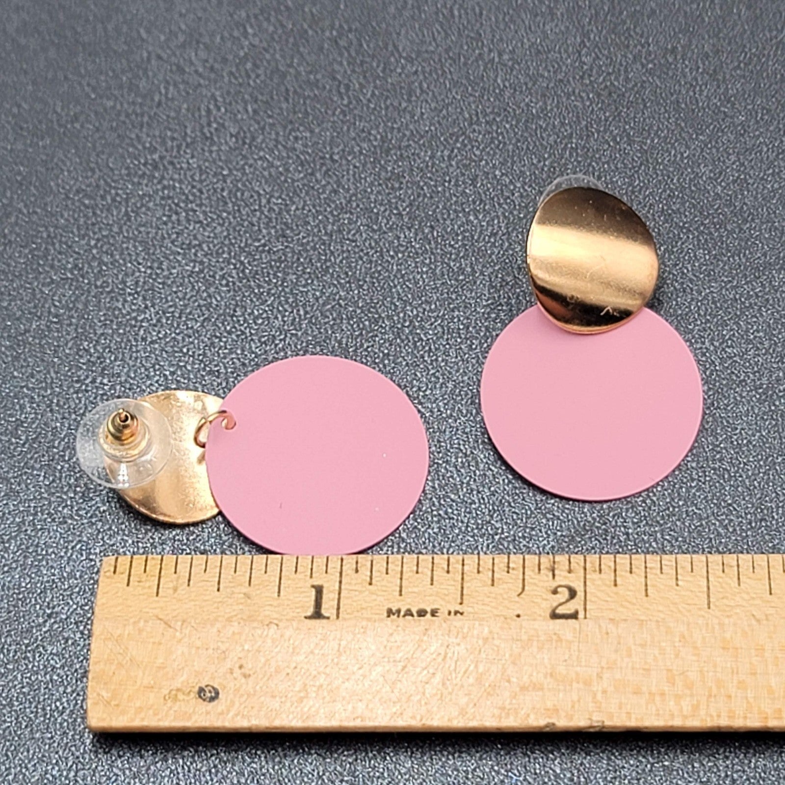 Pierced Earrings Mauve Pink Enamel Gold tone Double Discs Dangle 1 3/8"