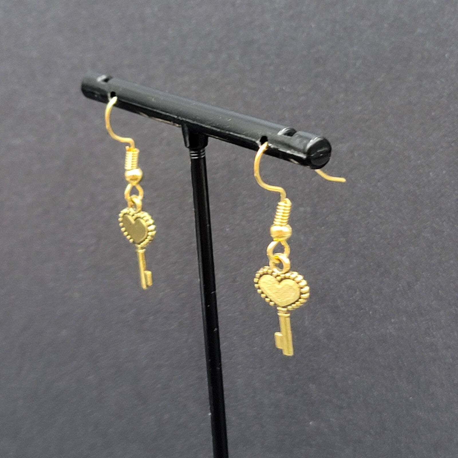 New Ornate Heart Skeleton Key Pierced Earrings Gold tone Dangle 5/8"