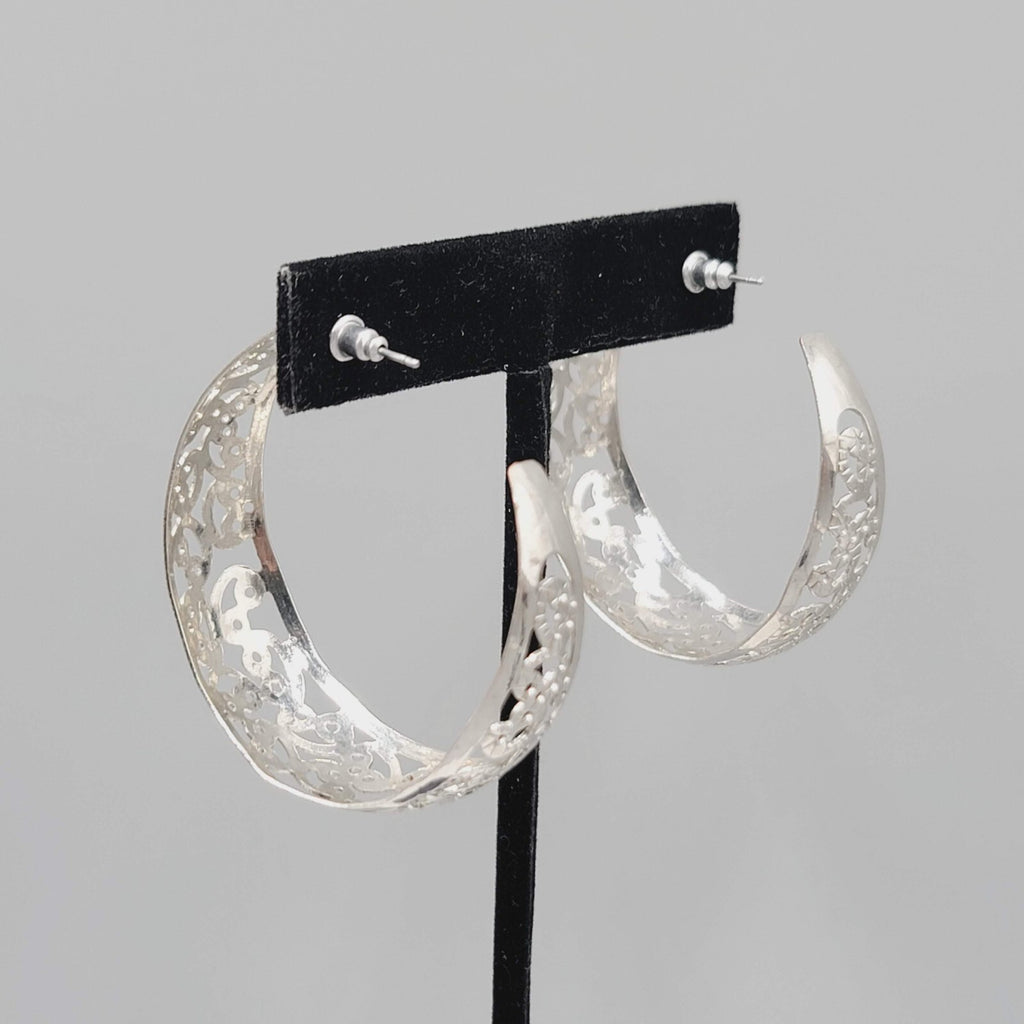Filigree Hoop Pierced Earrings Drop Silver tone 1.75"