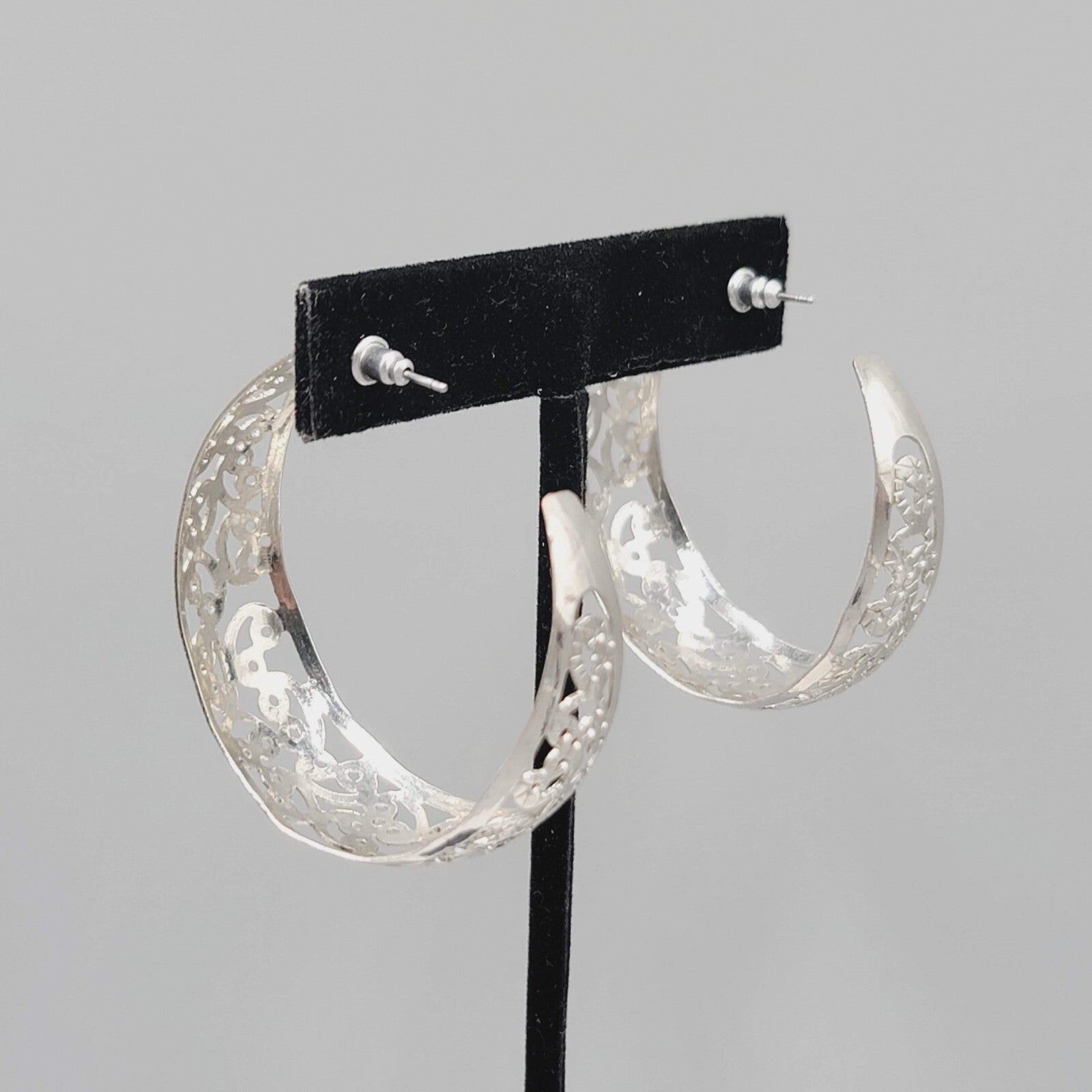 Filigree Hoop Pierced Earrings Drop Silver tone 1.75"