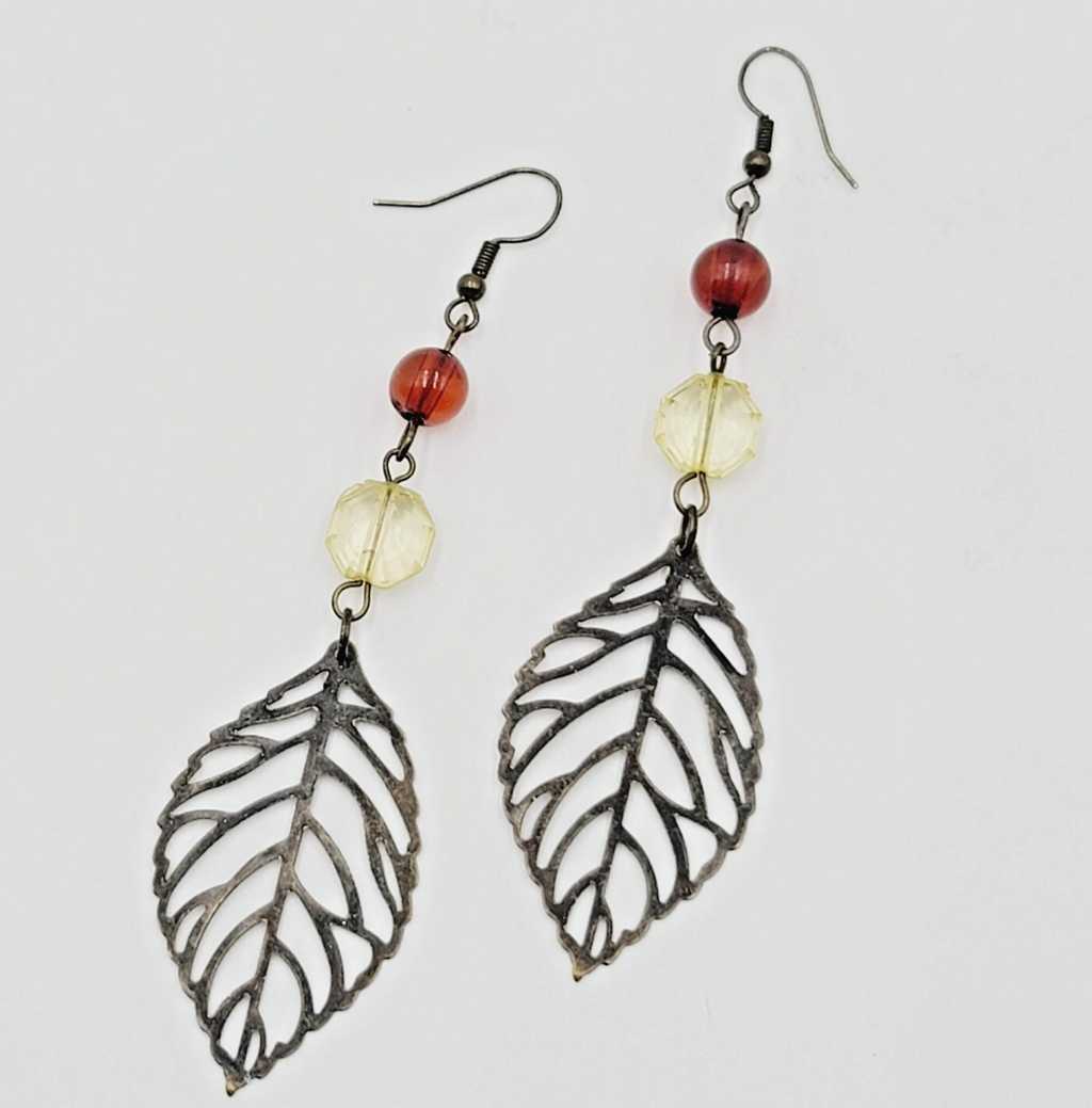 Long Pierced Earrings Beaded Open Work Leaf 3"
