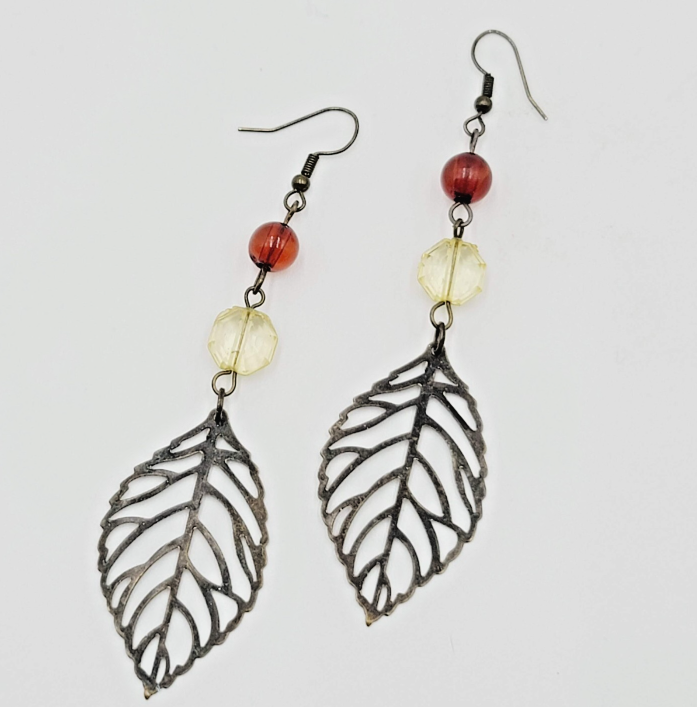 Long Pierced Earrings Beaded Open Work Leaf 3"