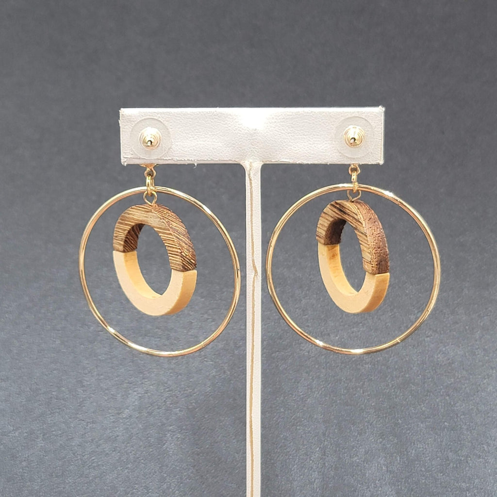 Pierced Earrings Gold tone Wood Rhinestone Hoops Dangle 2 1/4"