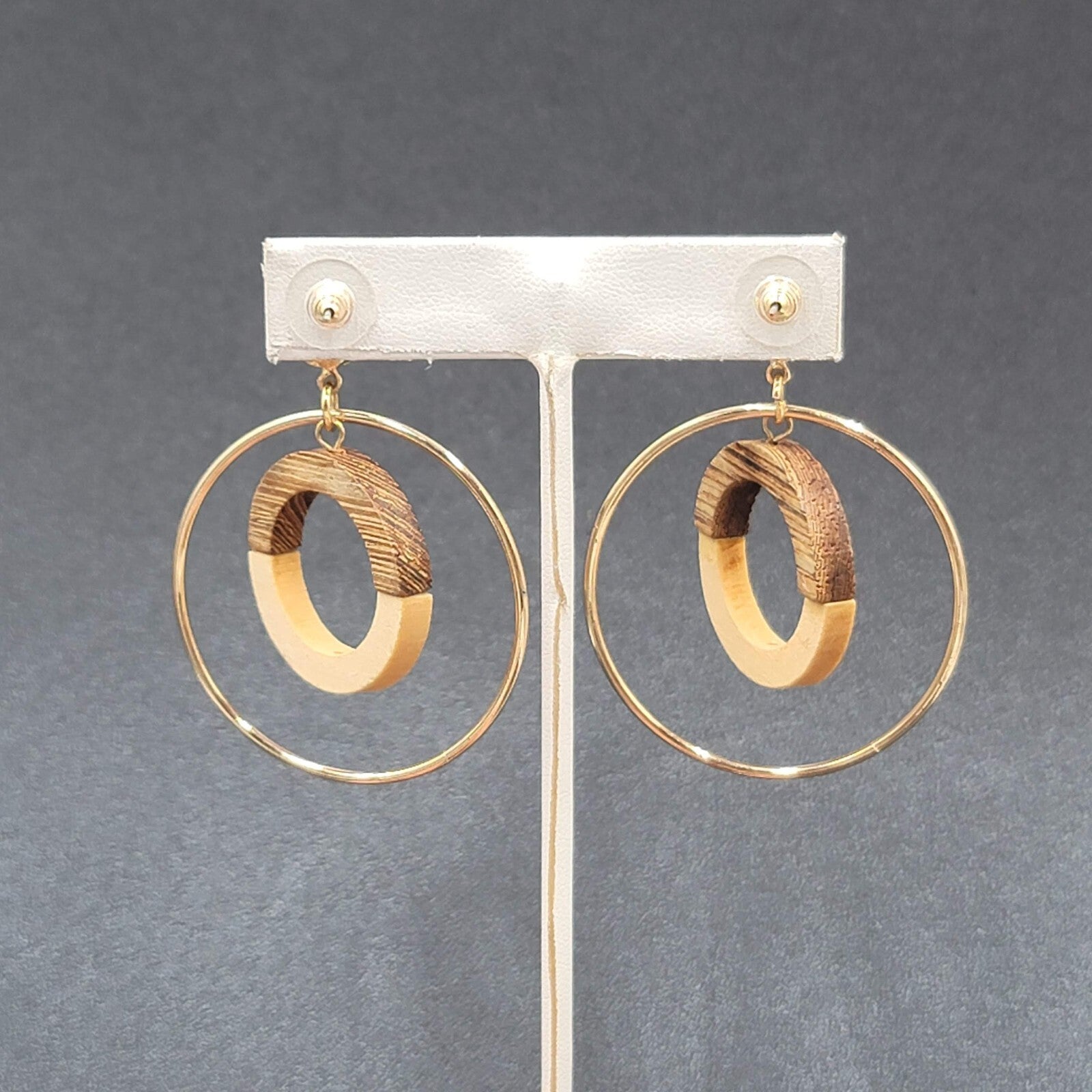 Pierced Earrings Gold tone Wood Rhinestone Hoops Dangle 2 1/4"