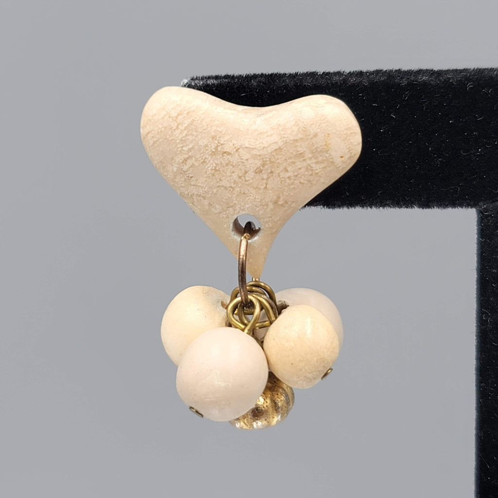 Vintage Heart Bead Pierced Earrings White Stone Dangle 1.5 in