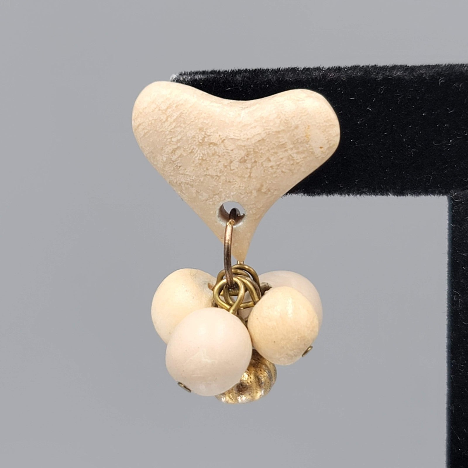 Vintage Heart Bead Pierced Earrings White Stone Dangle 1.5 in