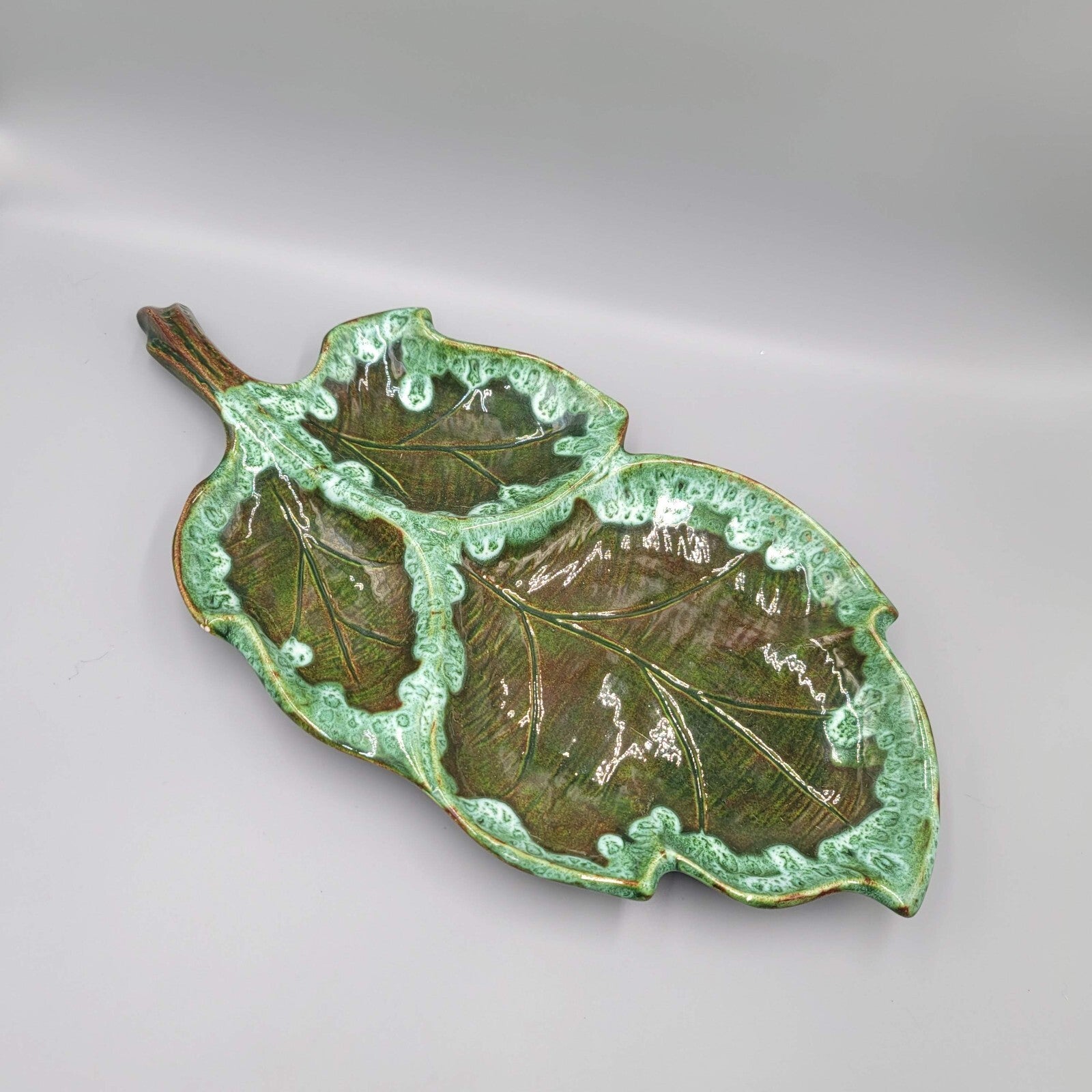 Vintage Ceramic Green Leaf Dish Drip Glaze Signed 1966 Size 13" x 6.5"