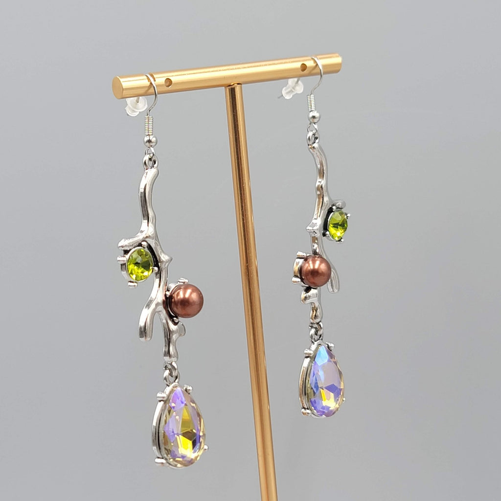 Multicolor Crystal Rhinestones Pierced Earrings Silver tone Dangle Long 2.75 in