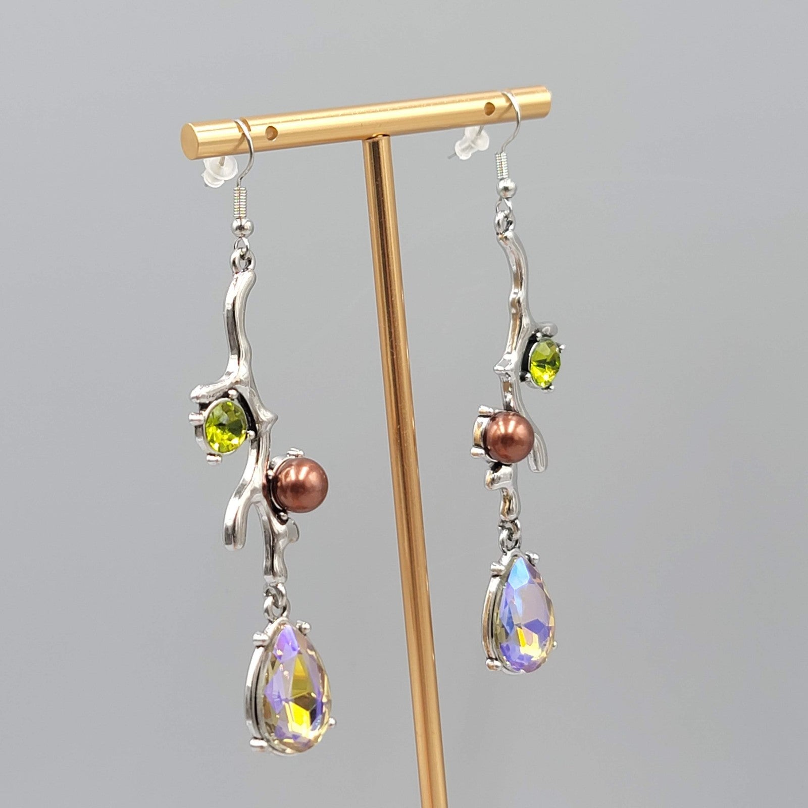 Multicolor Crystal Rhinestones Pierced Earrings Silver tone Dangle Long 2.75 in