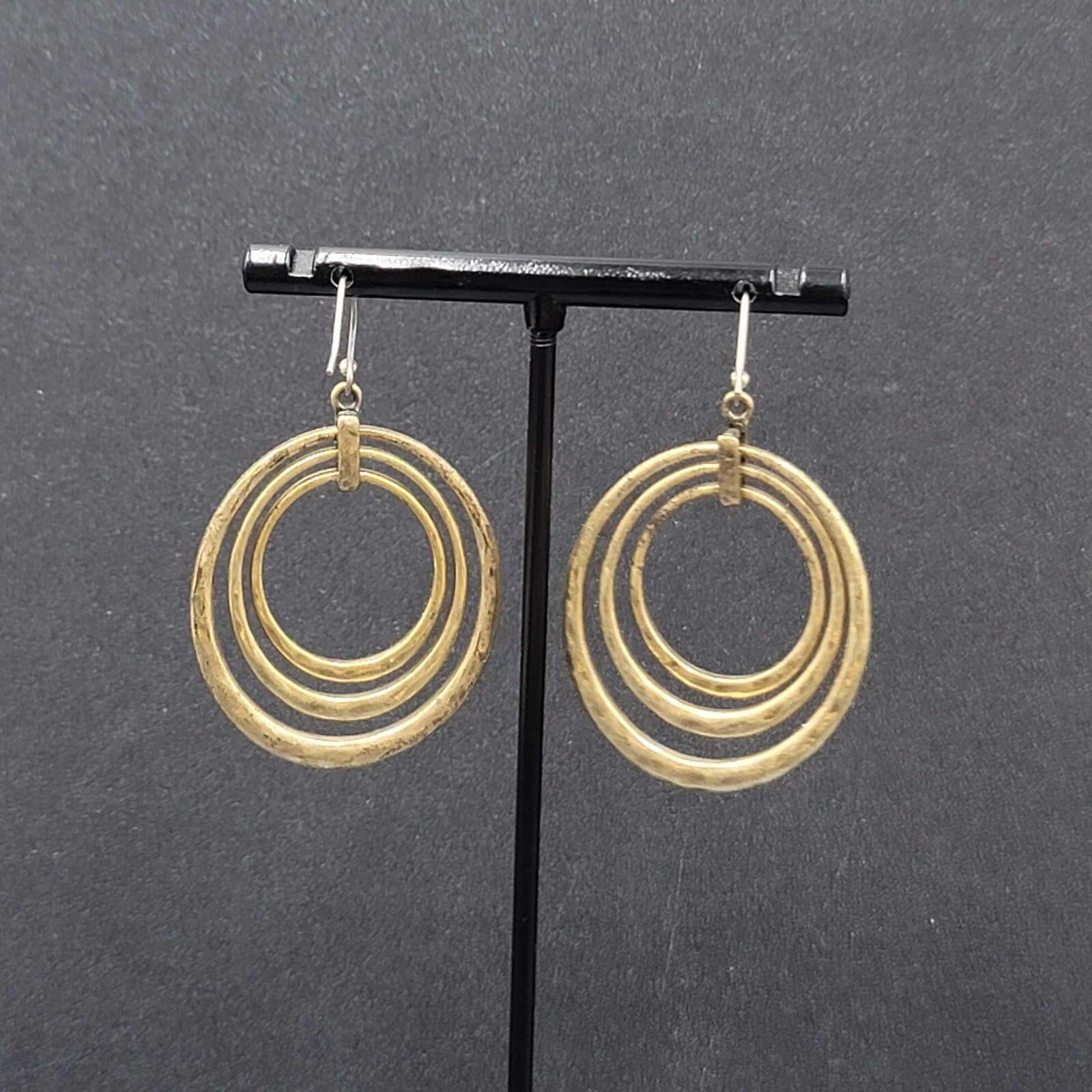 Concentric Ovals Pierced Earrings Bronze tone Embossed Dangle New 1.75"