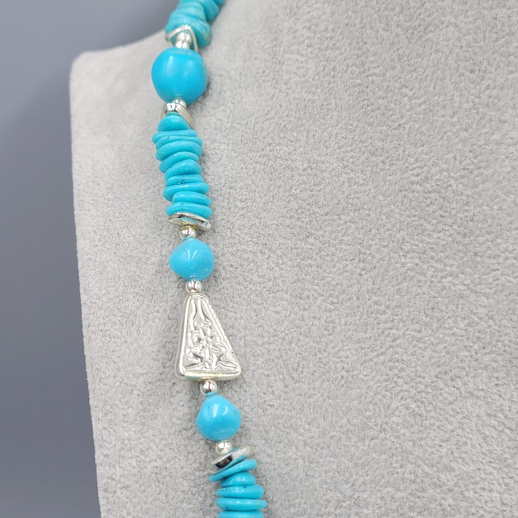 Vintage Bright Blue and Silver tone Bead Necklace 28"