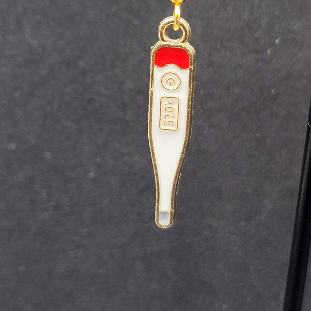 Nurse Thermometer Pierced Earrings Red White Enamel Gold tone Dangle 1 1/8"