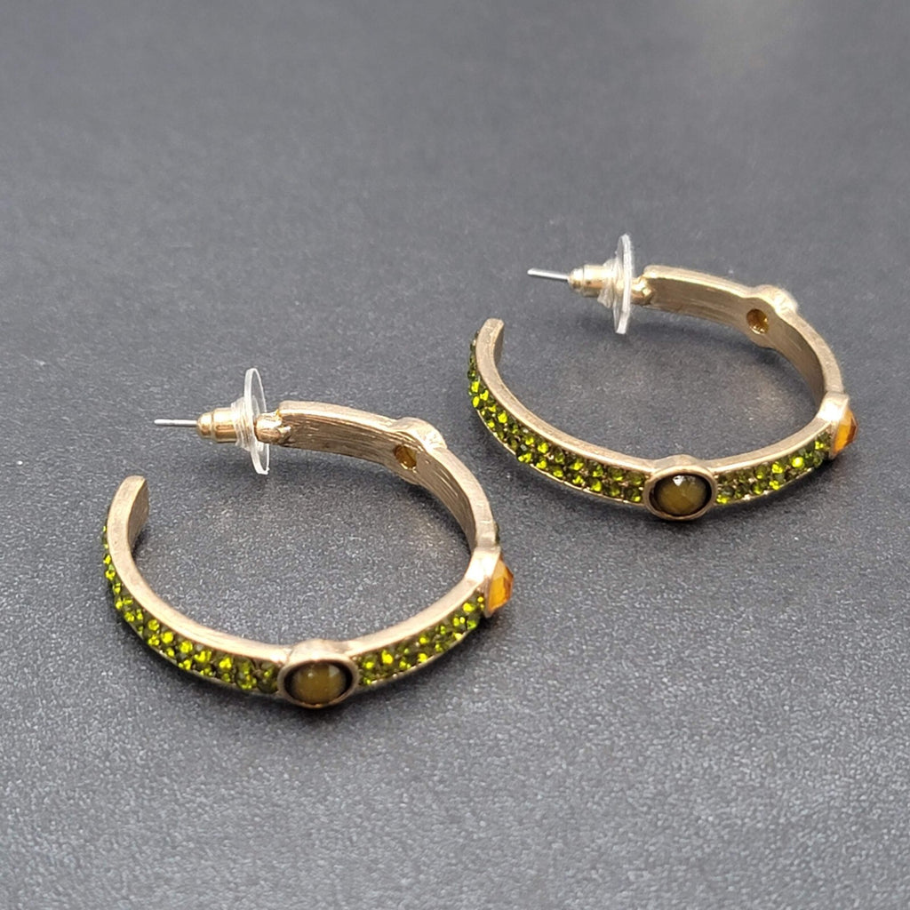 Pierced Earrings Gold tone Green Rhinestone Hoops 1 3/8"