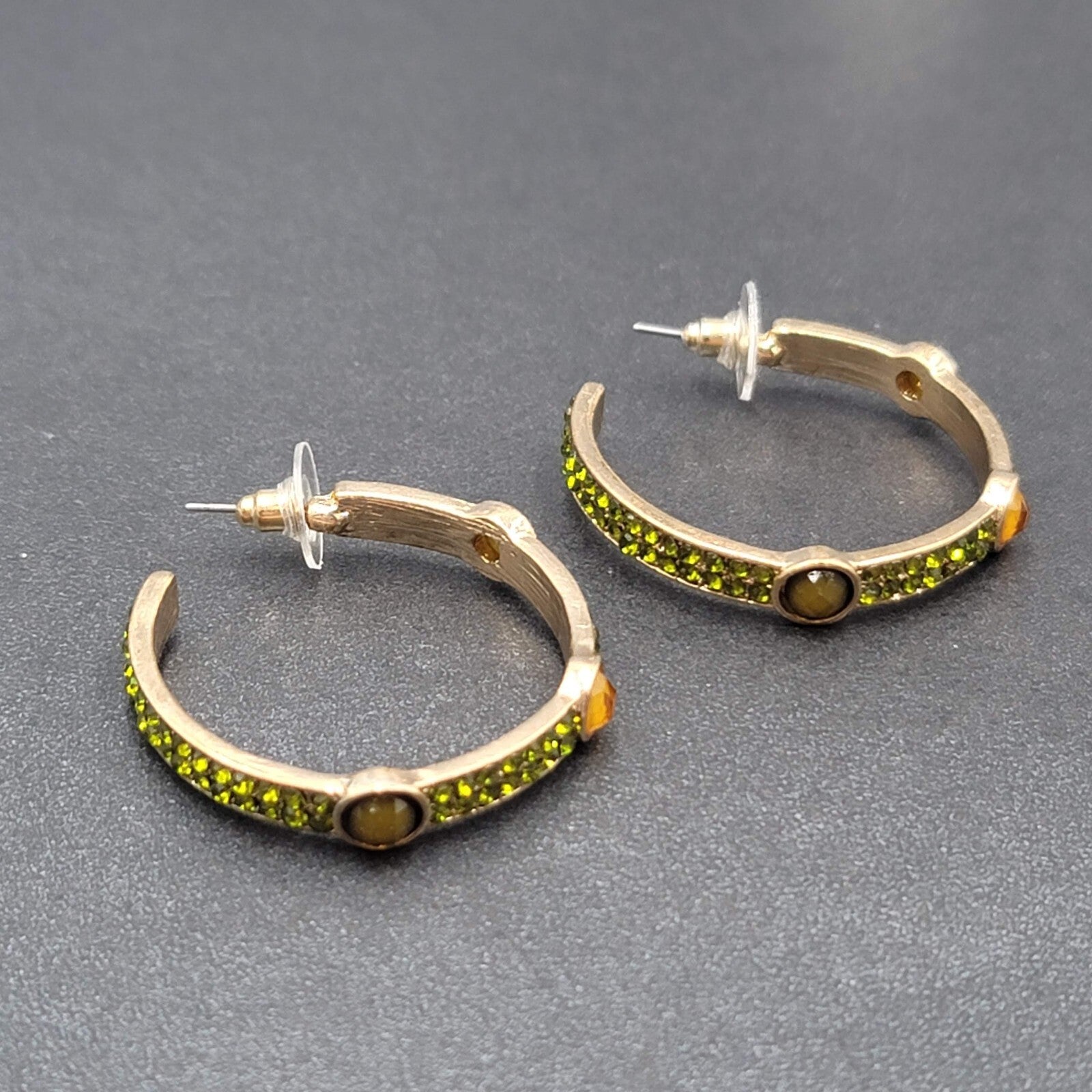 Pierced Earrings Gold tone Green Rhinestone Hoops 1 3/8"
