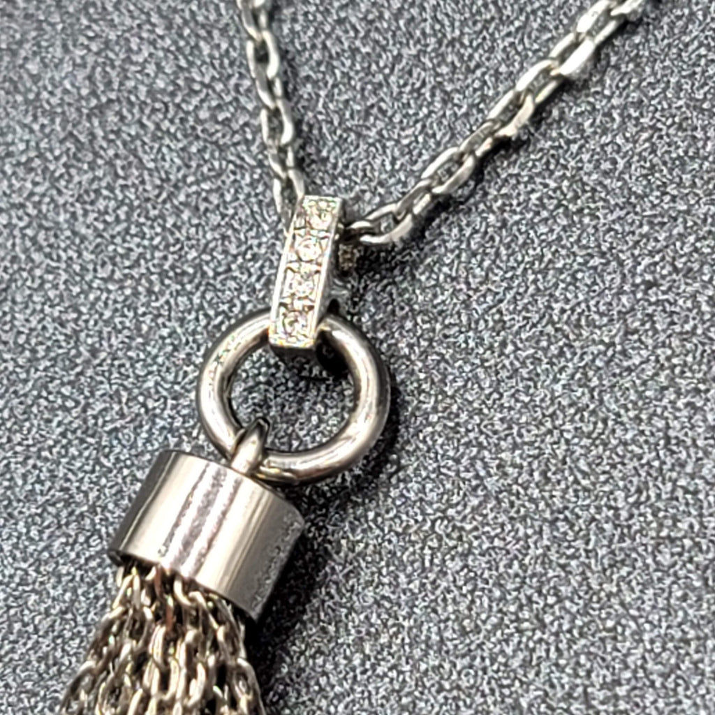 Fossil Tassel Pendant Necklace Silver tone Crystal Rhinestones Long 30"-32"