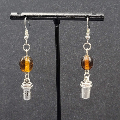 Coffee Pierced Earrings Silver tone Brown Glass Bead Dangle 1.25"
