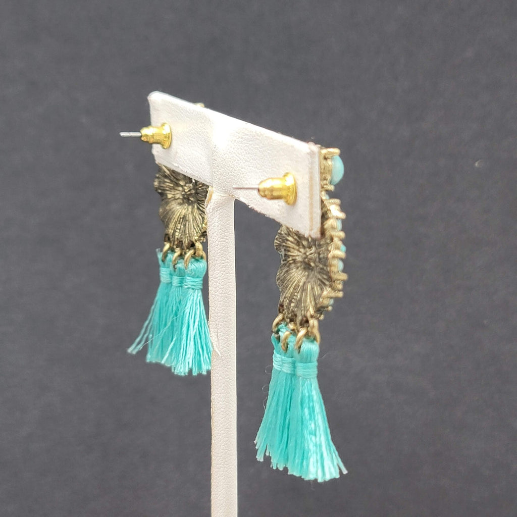 Pierced Earrings Gold tone Blue Rhinestone Tassel 2"