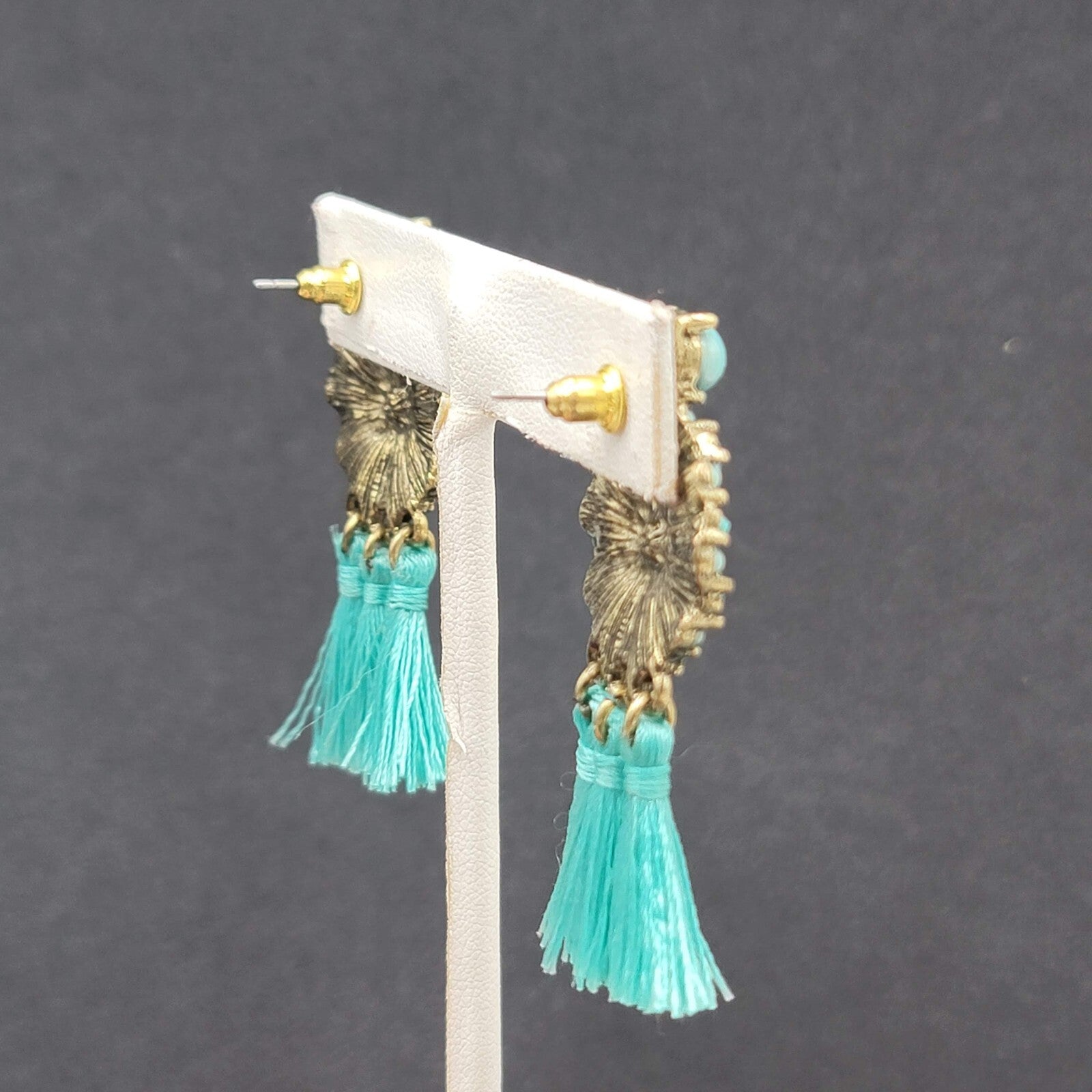 Pierced Earrings Gold tone Blue Rhinestone Tassel 2"