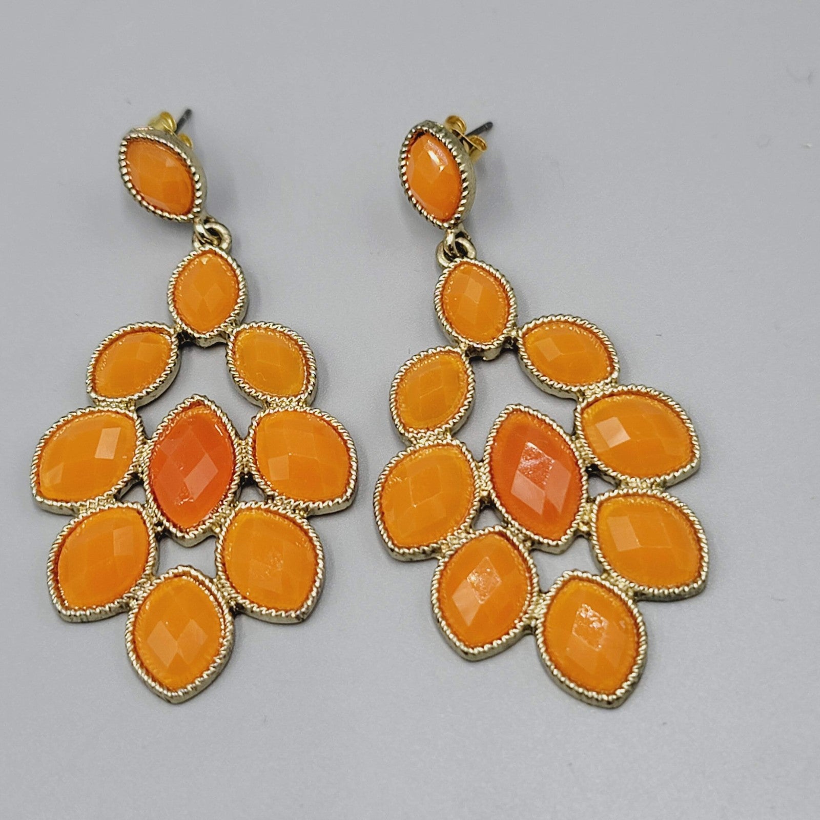 Statement Dangle Pierced Earrings Gold Tone Faceted Orange Bold Costume 2.5"