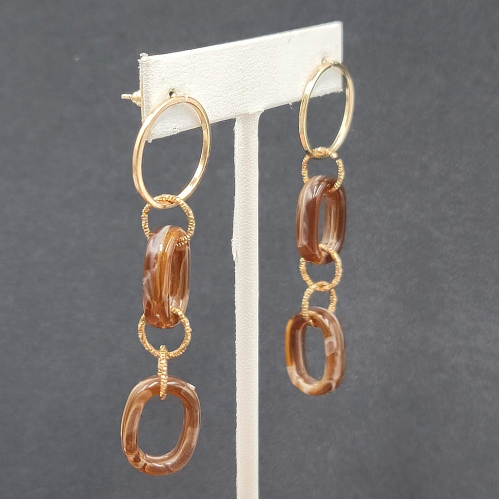 Pierced Earrings Gold tone Brown Swirl Acrylic Hoops Lightweight 2.75"