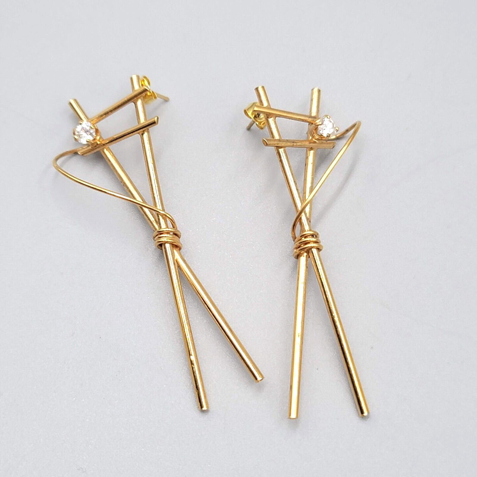 Vintage Pierced Earrings Gold tone Drop CZ Stone Unique 2 3/8"