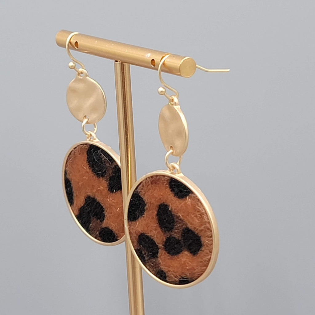 Leopard Print Faux Fur Pierced Earrings Matte Gold tone Dangle 2"