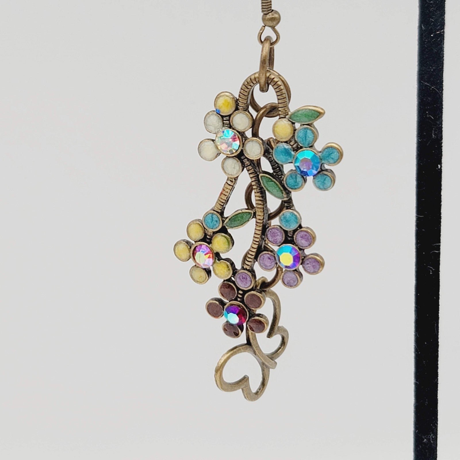 Multicolor Crystal Flowers Butterfly Pierced Earrings Bronze tone Dangle 2 in