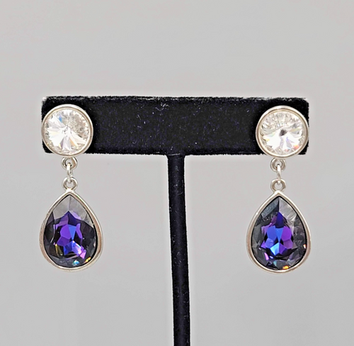 Brilliant Purple Crystal Teardrop Pierced Earrings Silver tone Dangle 1.5"