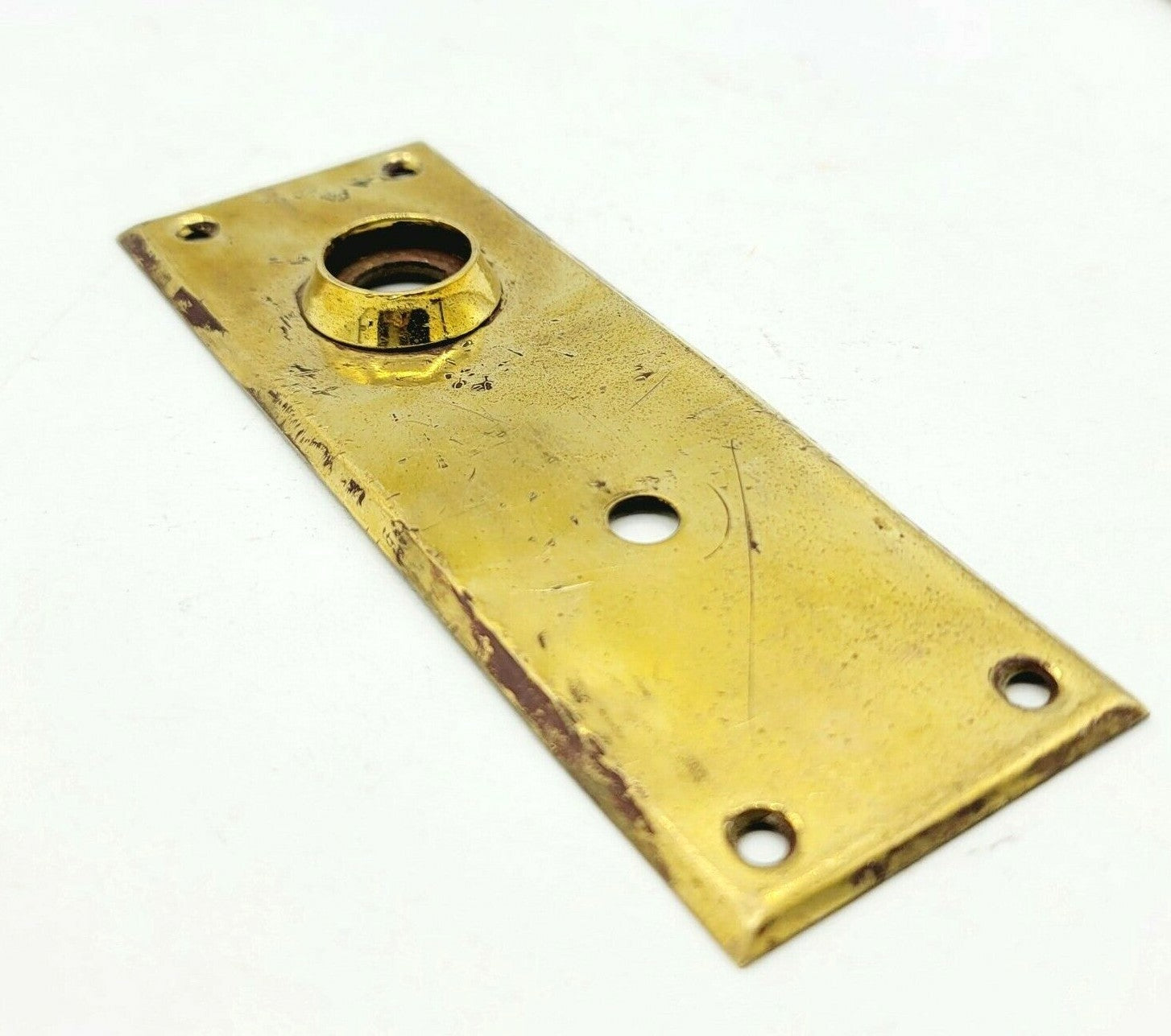 Vintage Brass Doorknob Back Plate Salvage Hardware Thumb Lock Hole 5 5/8" x 2"