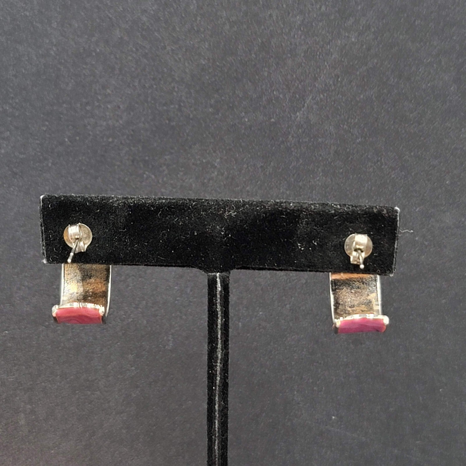 Vintage Pierced Earrings Silver tone Pink Purple Enamel Wide Hoops 3/4"
