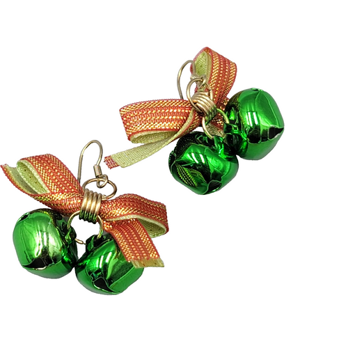 Christmas Jingle Bells Ribbon Pierced Earrings Gold tone Dangle 1 in