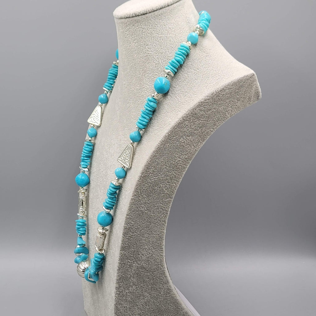 Vintage Bright Blue and Silver tone Bead Necklace 28"