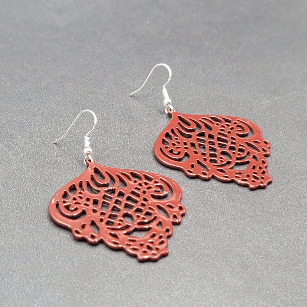 Pierced Earrings Burgandy Red Enamel over Metal Open work 2"