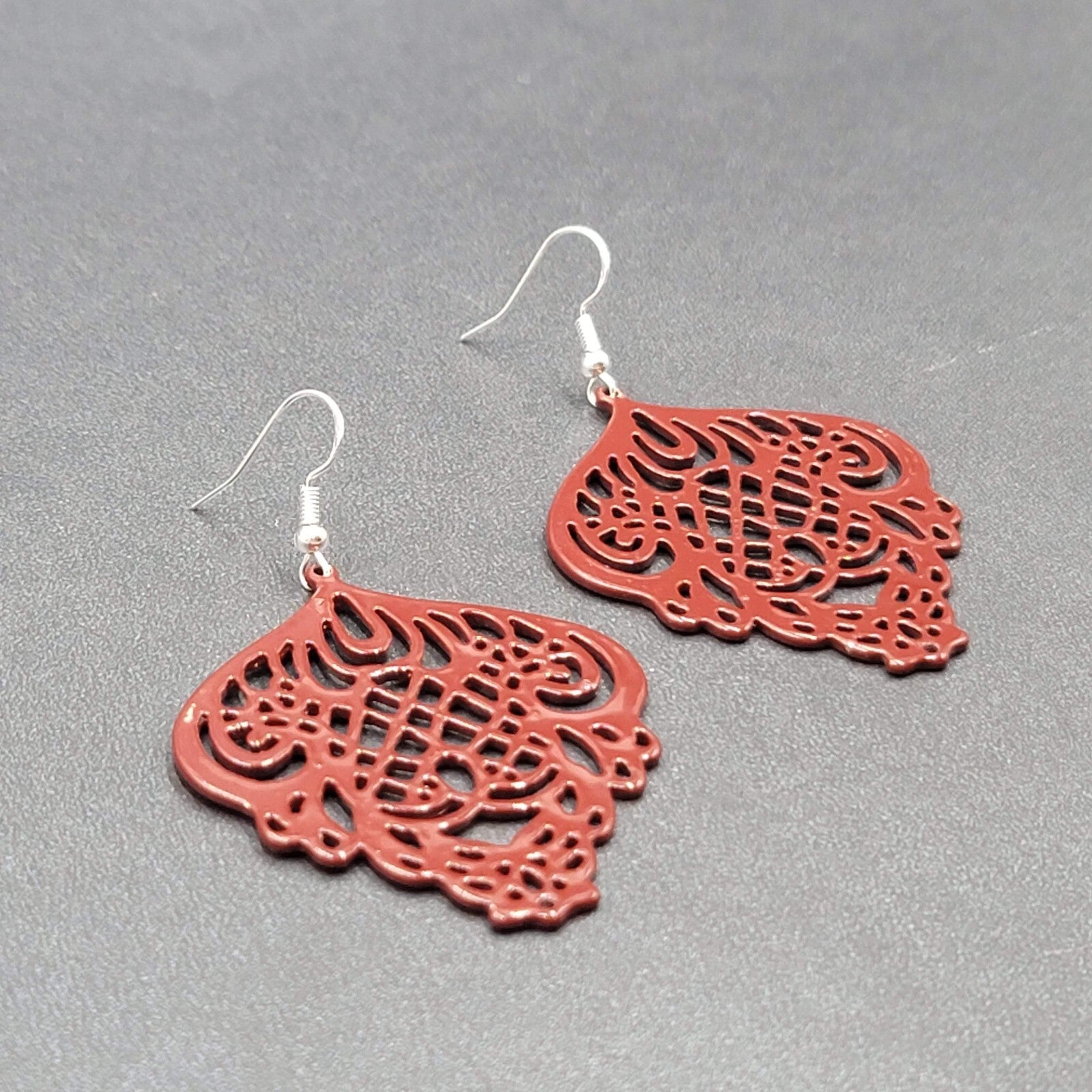 Pierced Earrings Burgandy Red Enamel over Metal Open work 2"