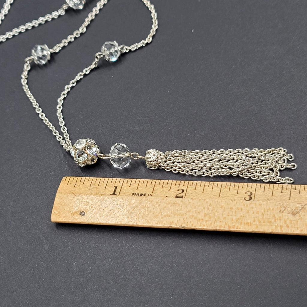 Long Chain Tassel Necklace Silver tone Rhinestone Accent 28"