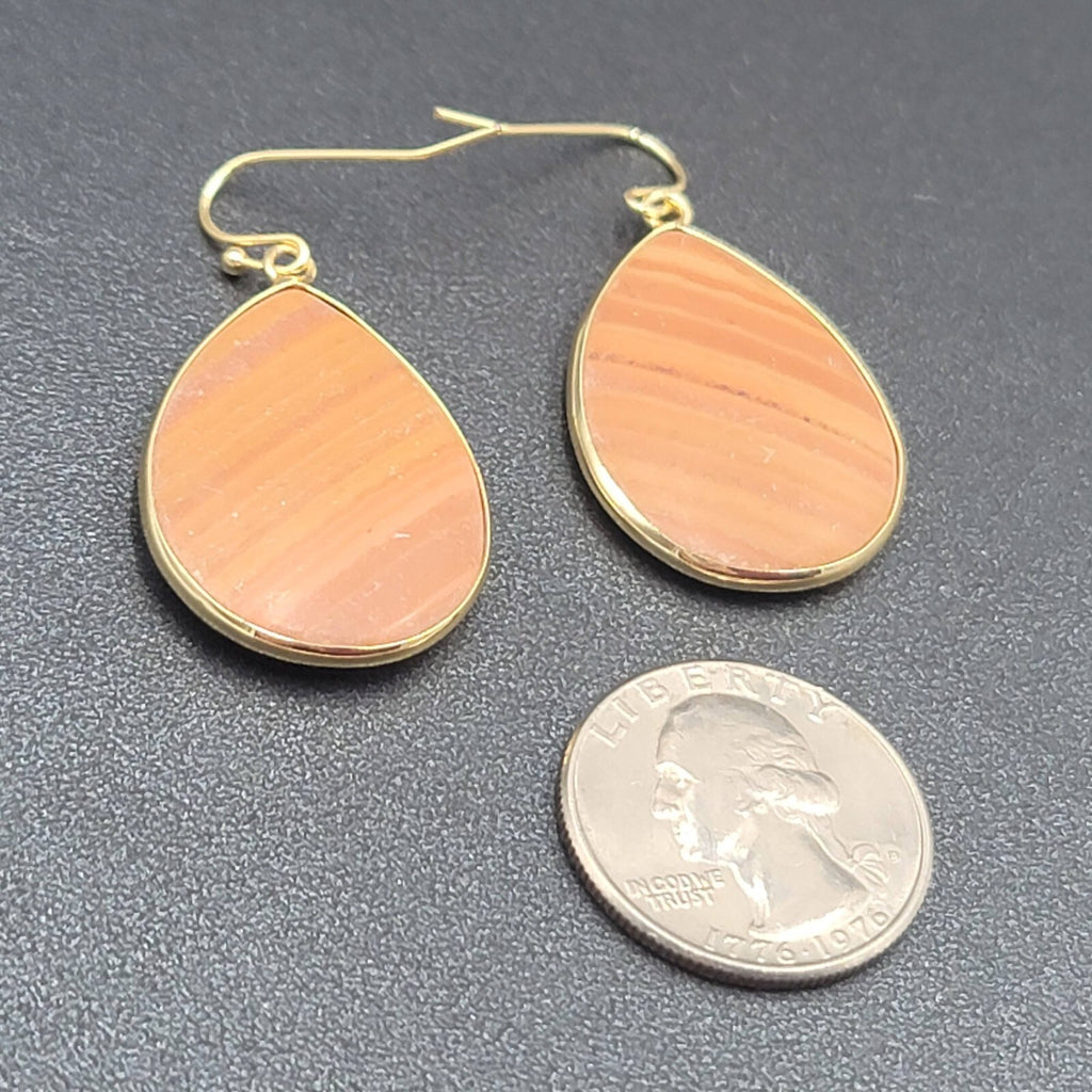Pierced Earrings Gold tone Orange Stone Teardrop Dangle 1 3/8"