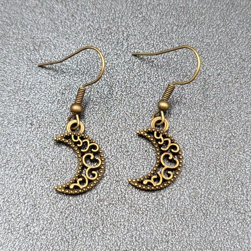 New MOON Pierced Earrings Bronze tone Open Work Metal Dangle 5/8"
