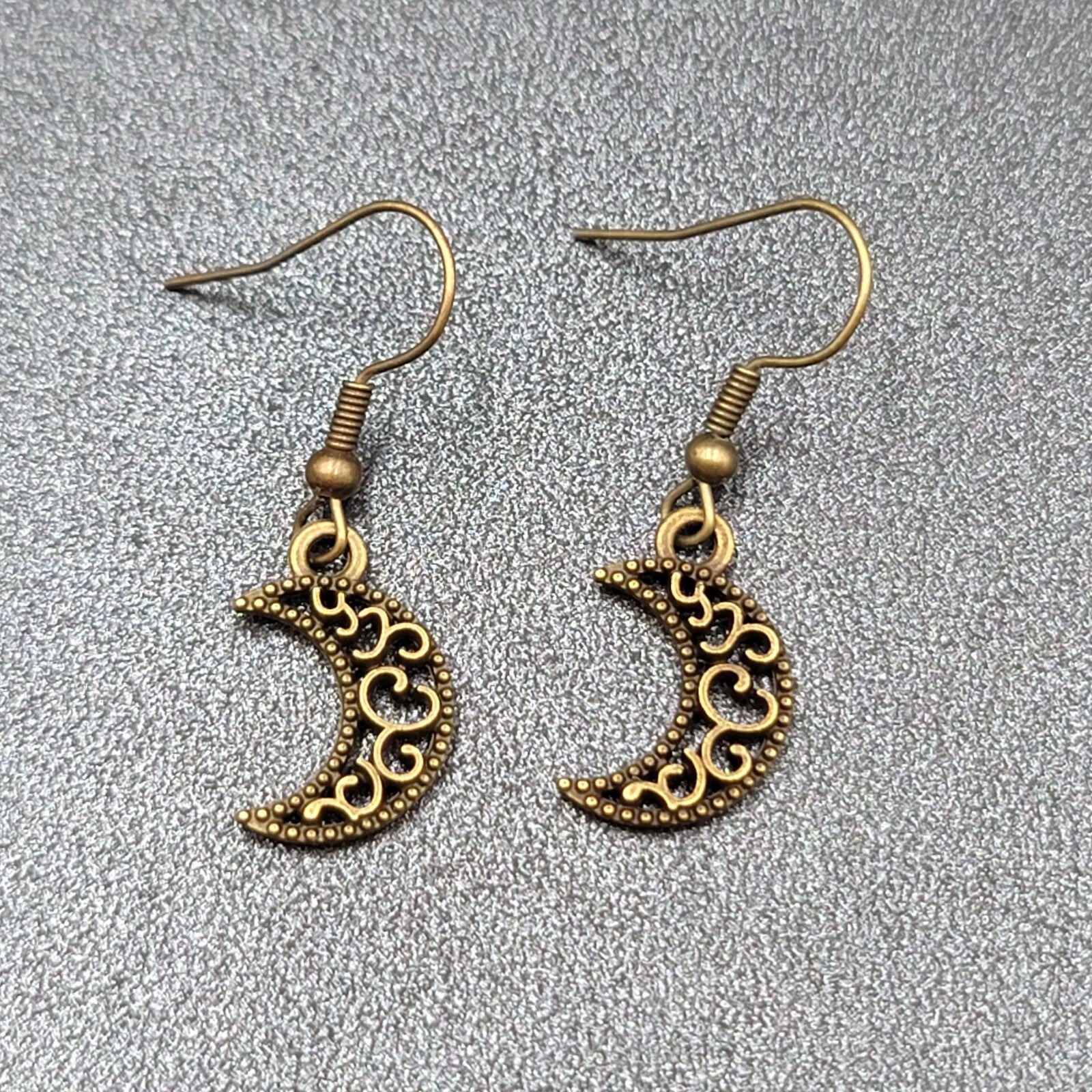 New MOON Pierced Earrings Bronze tone Open Work Metal Dangle 5/8"