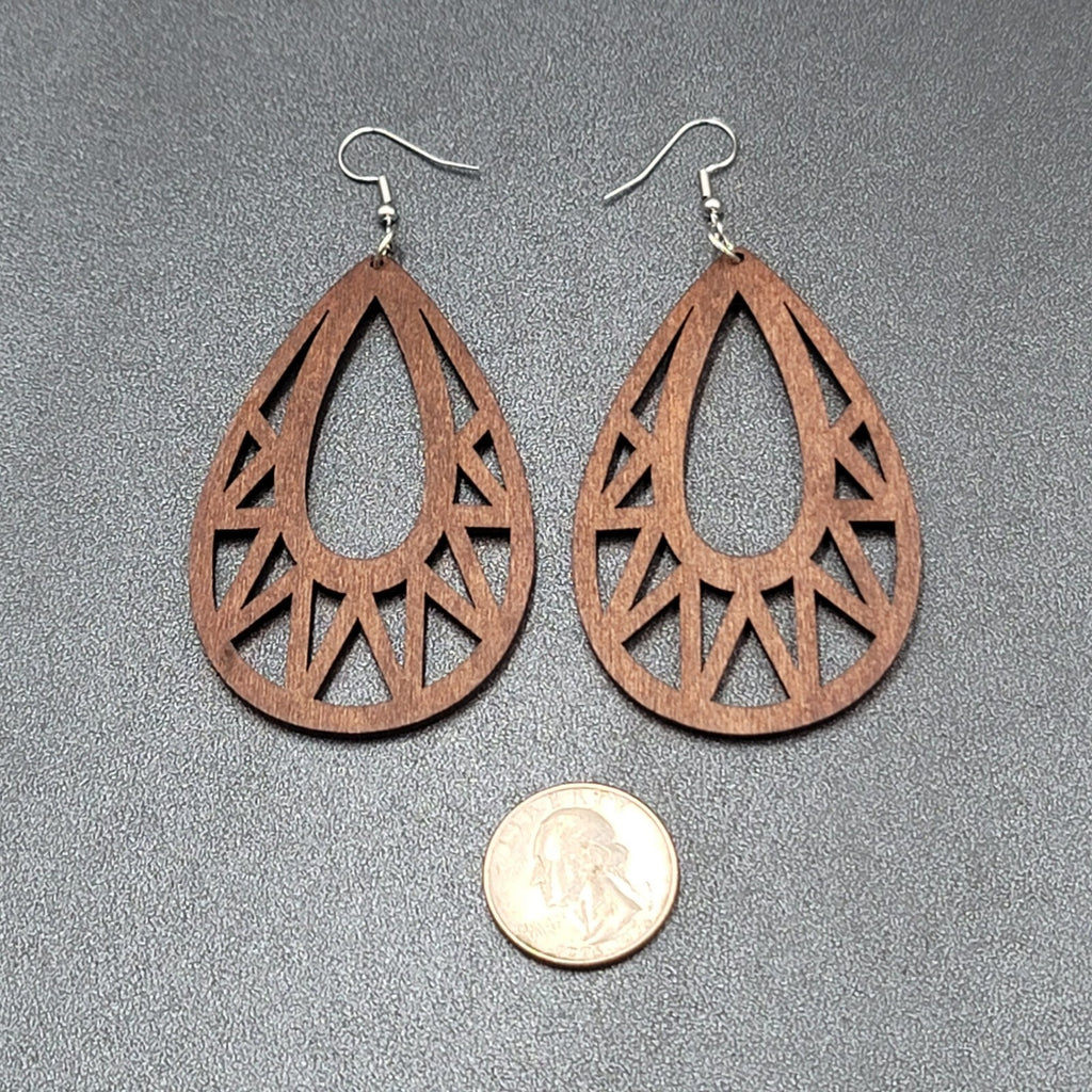 Boho Wood Pierced Earrings Laser Cut Open Teardrop 2.5"